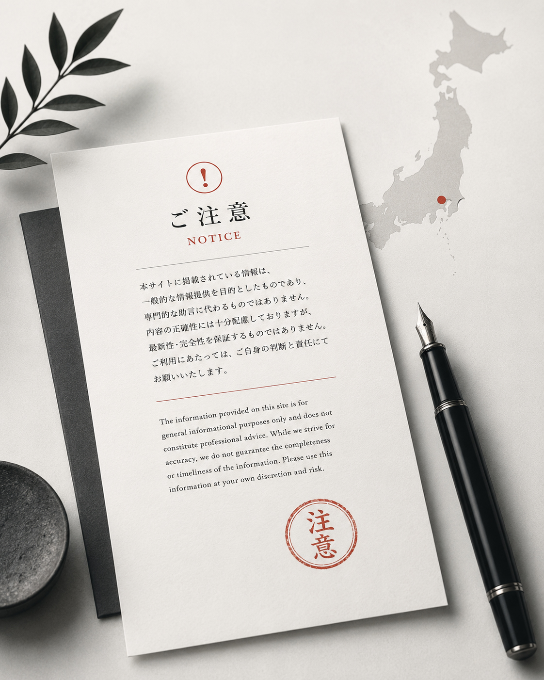 広告資料、編集机、日本地図、Japan.co.jpネットワーク、赤い印章が重なるJPN.co.jp広告案内のイメージ