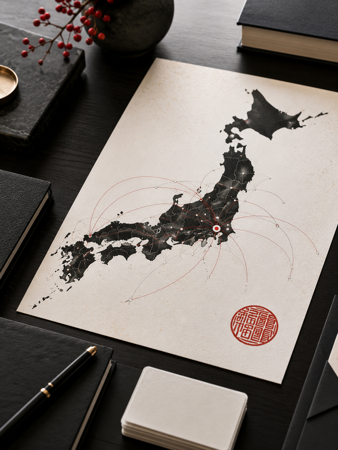 日本地図、赤い印章、ドメイン名、編集ノート、ネットワーク線が重なるドメイン戦略のイメージ
