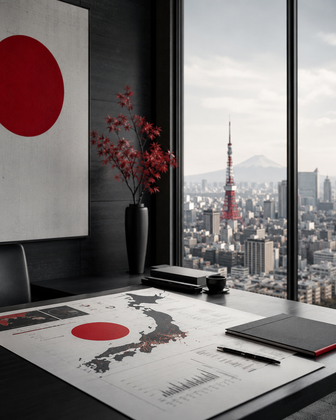 東京の街、赤い太陽、日本市場の戦略資料、編集机、地図が重なるJapan Marketのイメージ