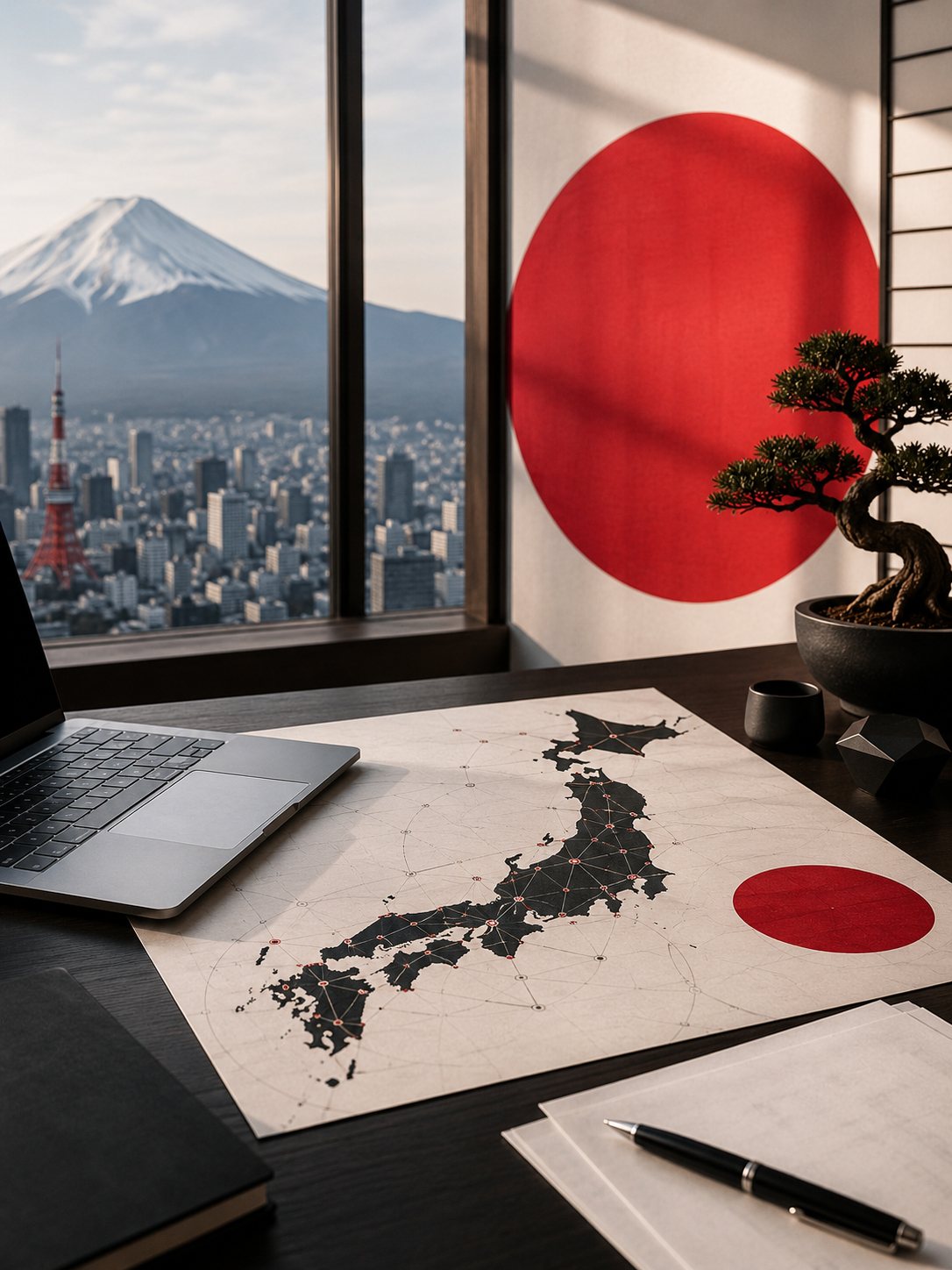 創業者の机、ノート、日本地図、赤い太陽、ドメイン名、事業計画が重なるStartup Japanのイメージ