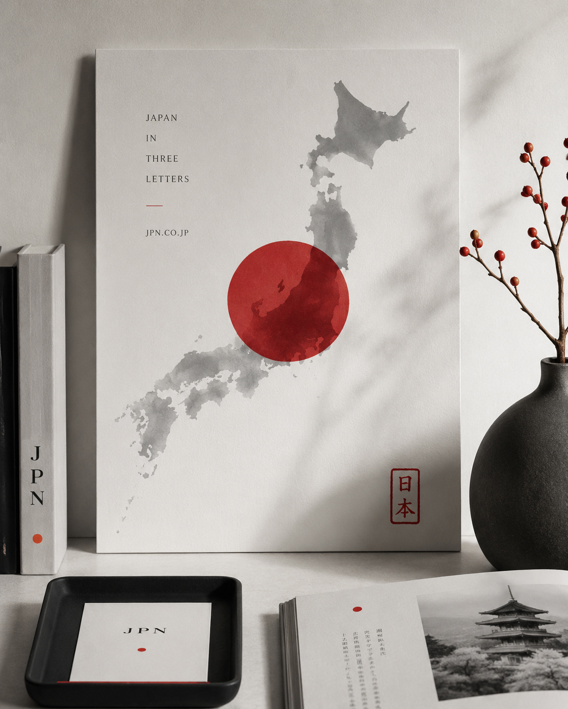 赤い封筒、日本地図、問い合わせのメモ、編集机、赤い印章が重なるJPN.co.jpコンタクトのイメージ