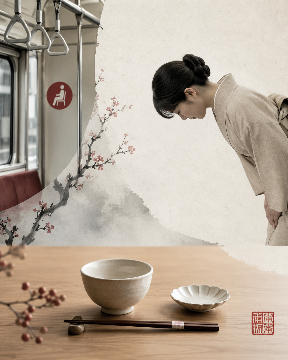お辞儀、駅のホーム、食卓、静かな公共空間、赤い印章が重なる日本の礼儀のイメージ