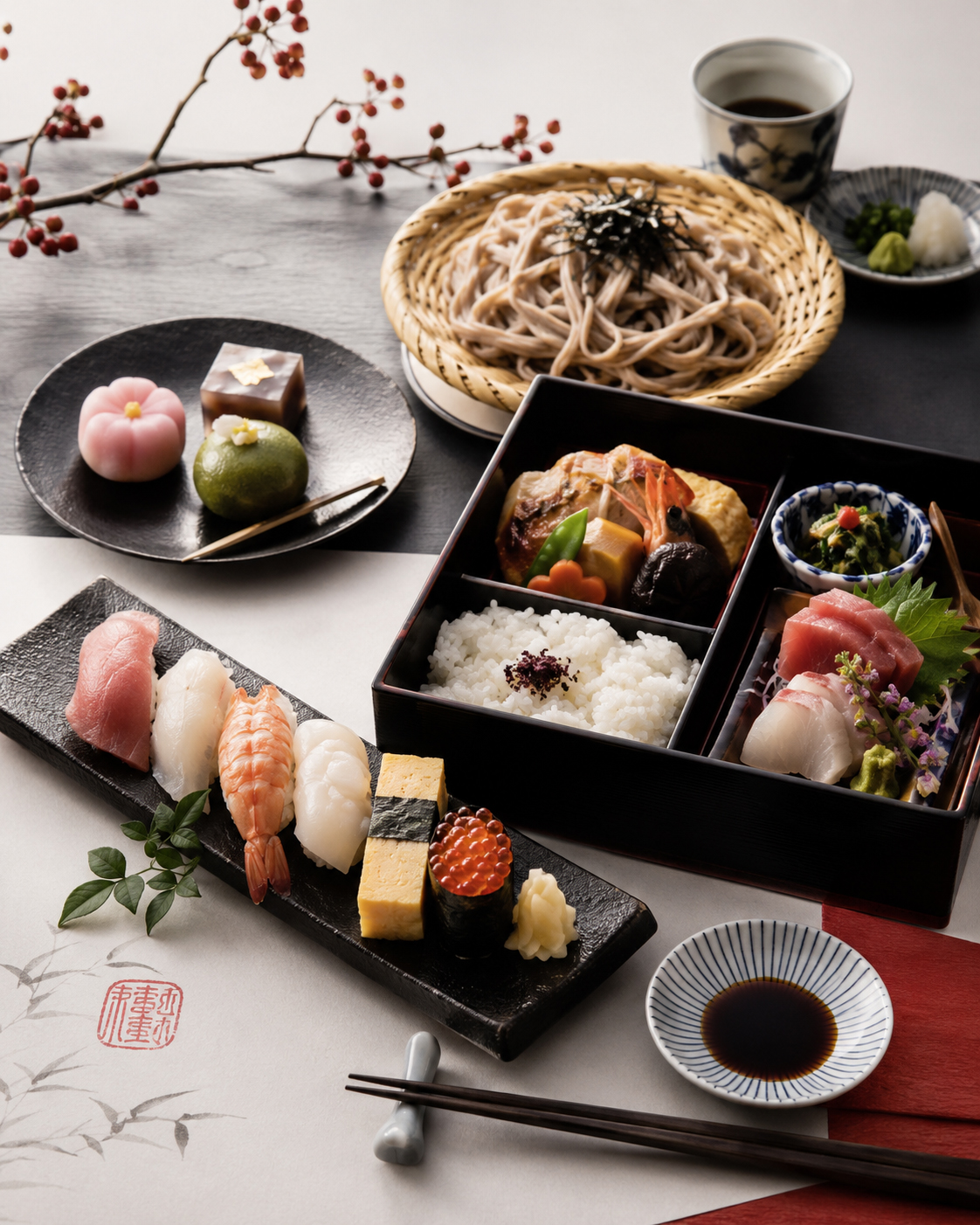 寿司、蕎麦、弁当、和菓子、赤い印章が重なる日本の食文化のイメージ