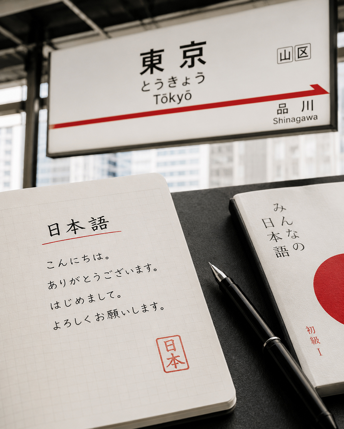 ひらがな、カタカナ、漢字のノート、駅の案内、赤い印章が重なる日本語のイメージ