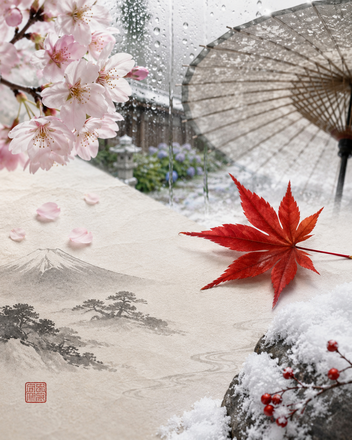 桜、梅雨の雨、紅葉、雪、赤い印章が重なる日本の四季のイメージ
