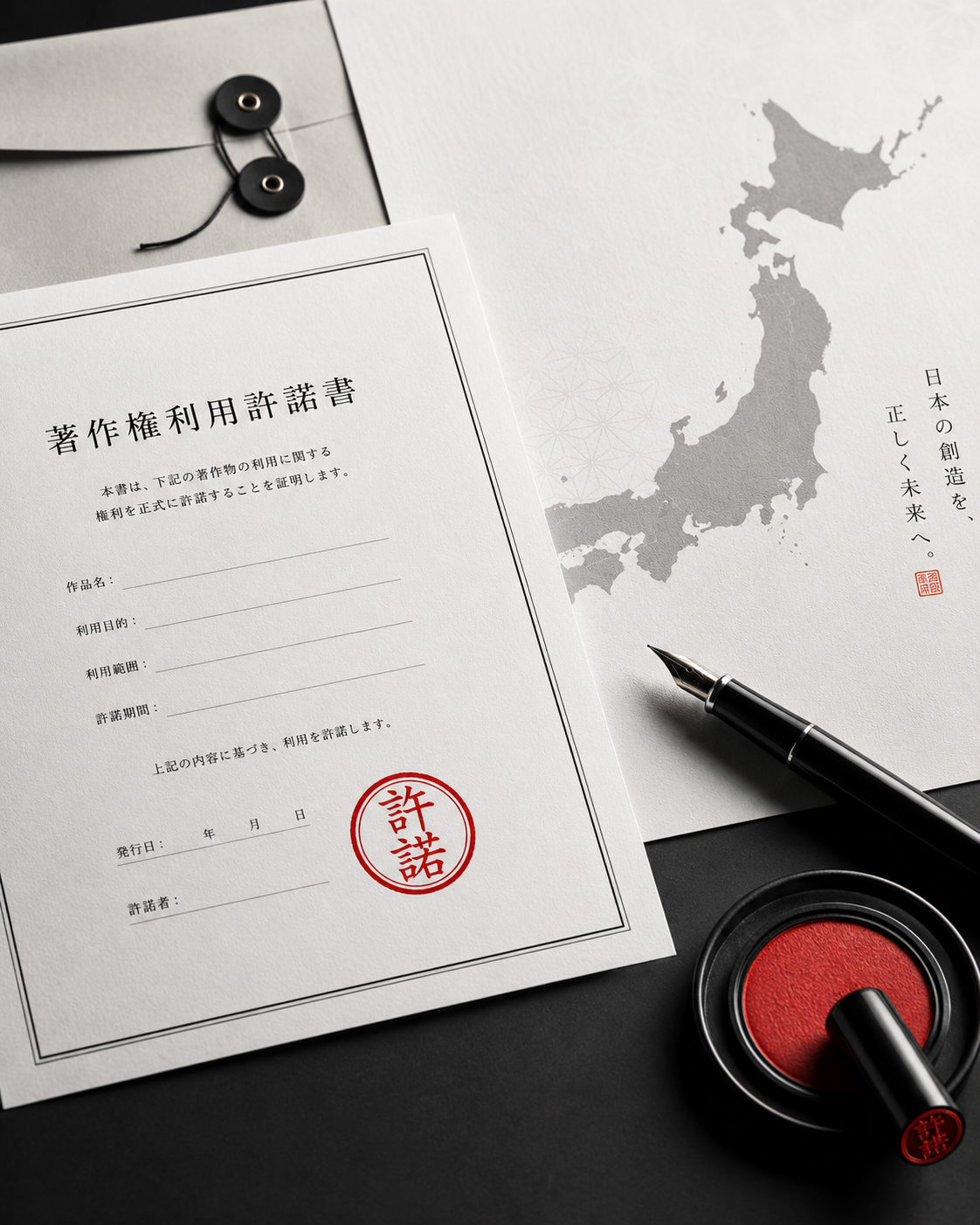 権利書類、日本地図、赤い印章、編集机が重なるJPN.co.jpライセンス表示のイメージ