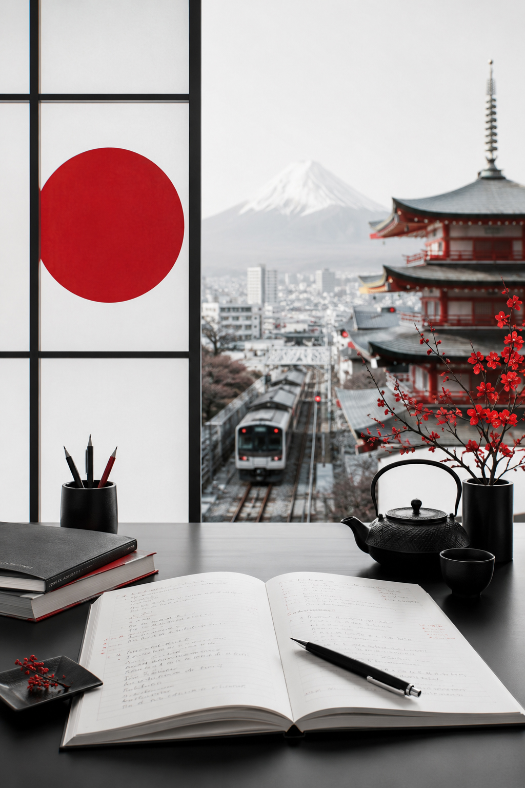日本の街と英語学習ノート、空港案内、辞書、赤い印章が重なる英語学習の入口