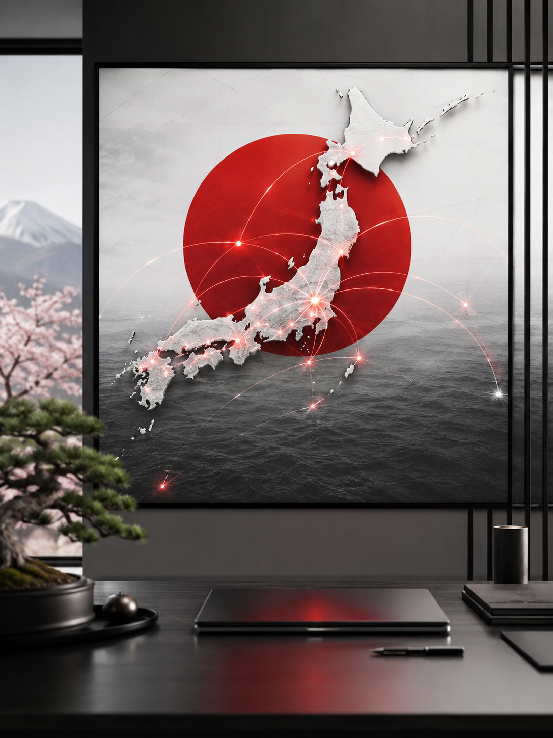 赤い太陽、日本地図、編集机、旅の切符、文化資料が重なるJapan.co.jpポータルのイメージ