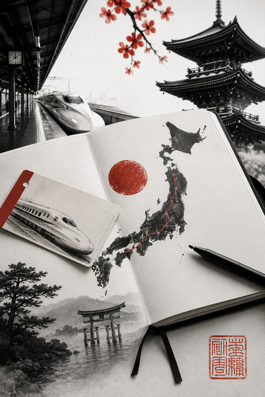 日本地図、駅の切符、寺社の屋根、旅のノートが重なる日本観光の静かなイメージ