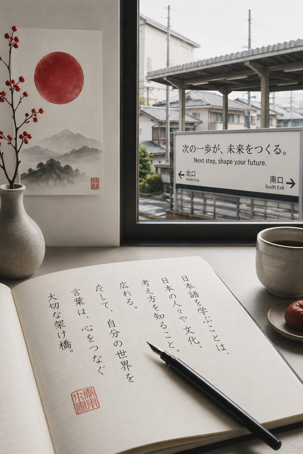 日本語のノート、駅の案内、役所の書類、街の光が重なる日本で暮らすための言葉のイメージ