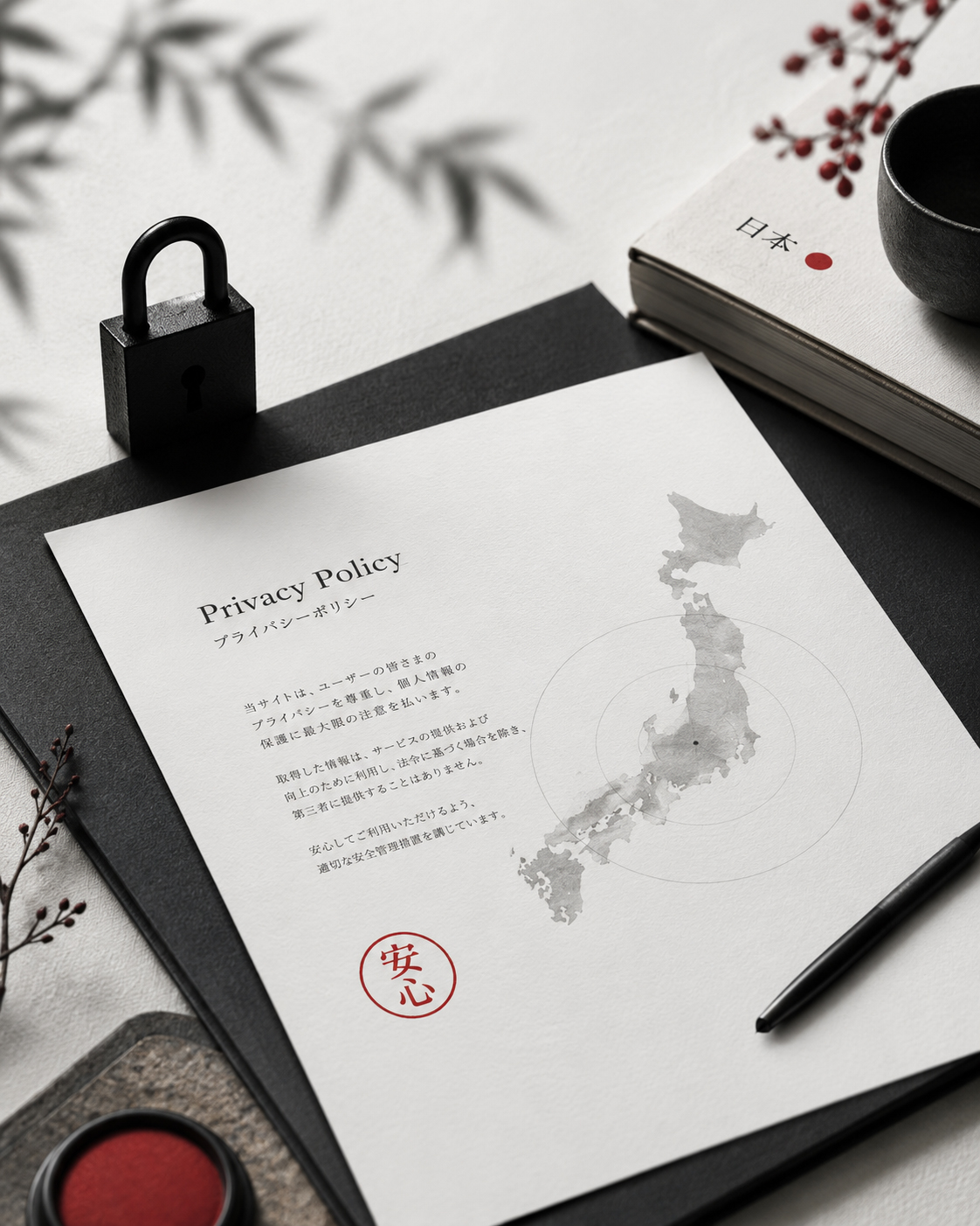 鍵、データ、赤い印章、日本地図、編集机が重なるJPN.co.jpプライバシーポリシーのイメージ