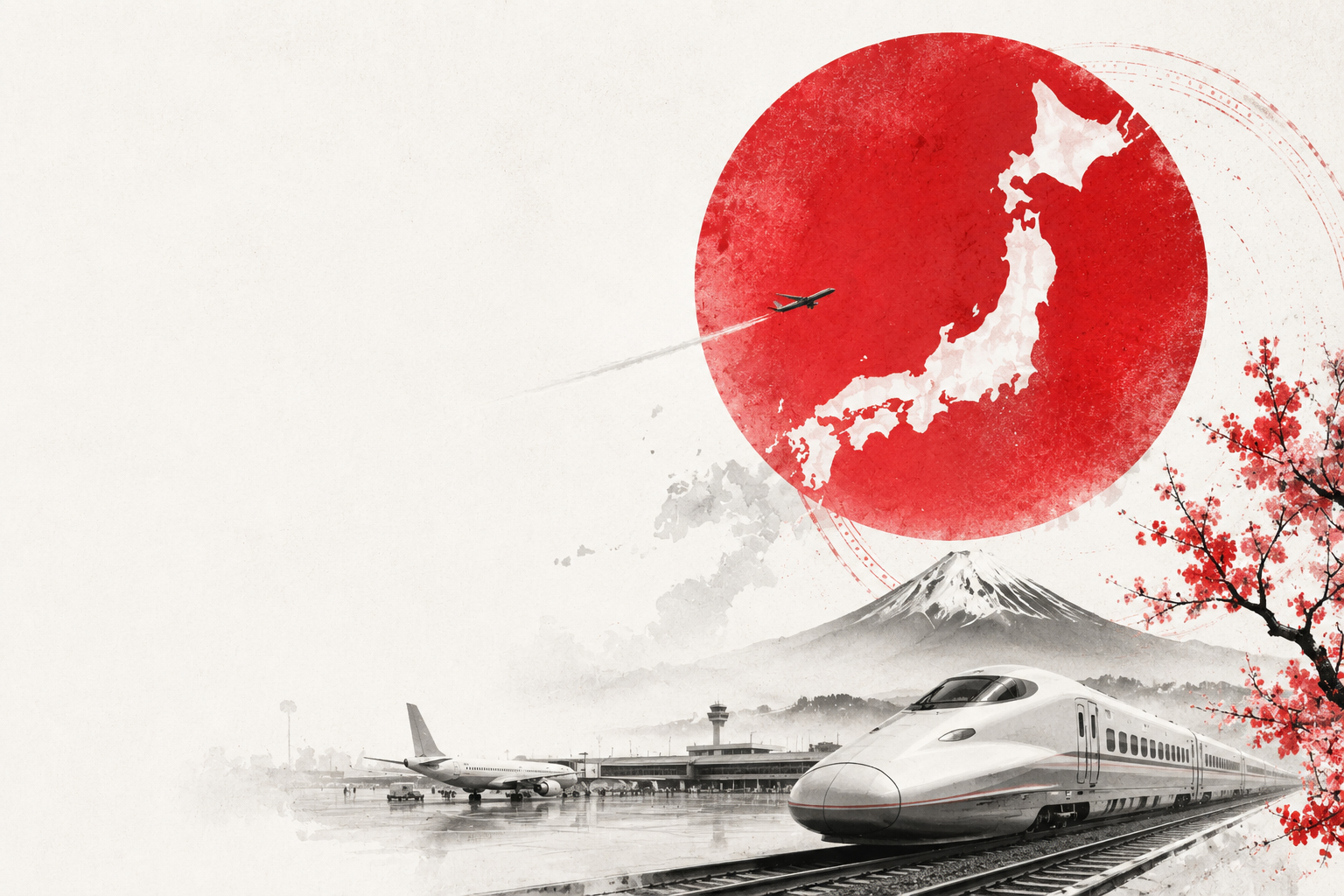 空港、鉄道切符、日本地図、初めての旅のノート、赤い印章が重なるJapan First Timeのイメージ